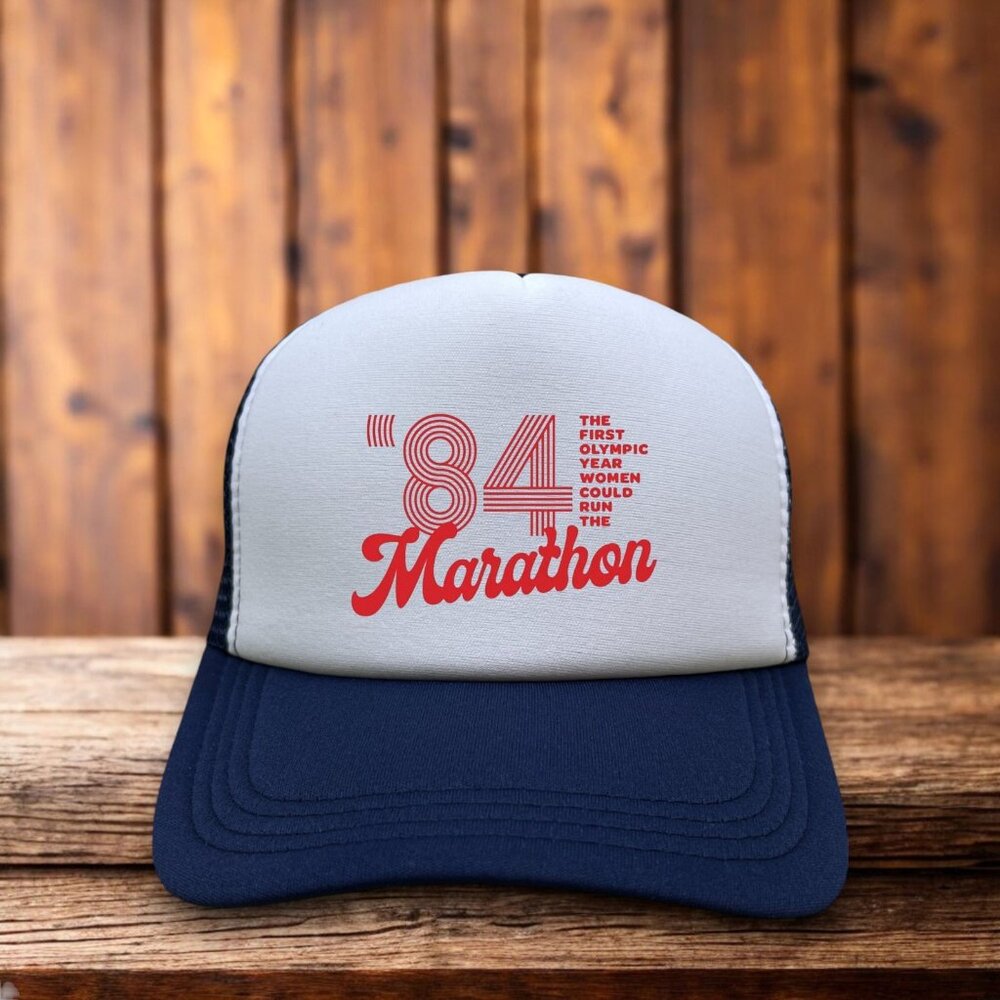 1984 Summer Olympics Marathon Unisex Trucker Hat Navy Women's First Run Ball Cap